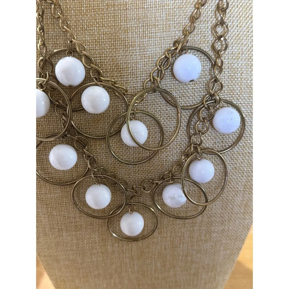 Antique Brass White Orb  Geometric Circle Tiered Statement‎ Bib Necklace Chucky